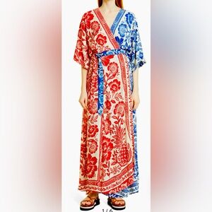 Farm Rio Sz Small Mixed pineapple garden wrap dress red and blue